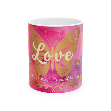 Sip and Embrace | 'Love is the Greatest Reward to Self' Inspirational Ceramic Mug with Colorful Cloud Art (11 oz)