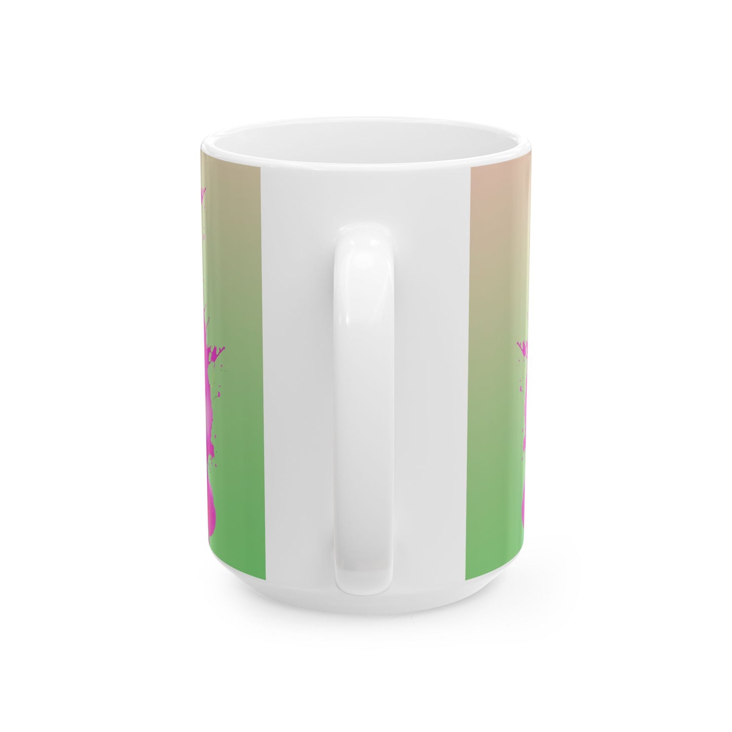 White mug with green stripes and pink floral patterns on a white background