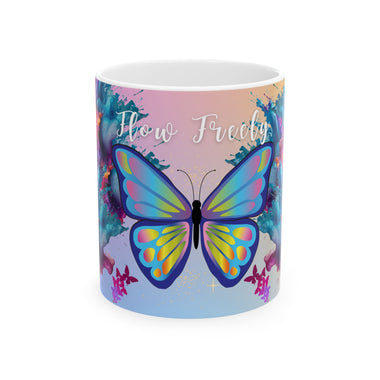 Sip and Elevate | 'Flow Freely' Inspirational Ceramic Mug with Colorful Butterfly Art (11 oz)