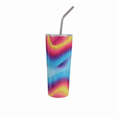 Colorful tumbler with a metal straw on a white background
