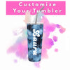 Tie-dye tumbler with personalized name on a colorful abstract background