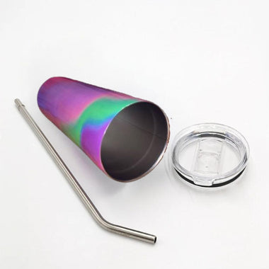stainless steel Multicolored tumbler with a straw and clear lid on a white background