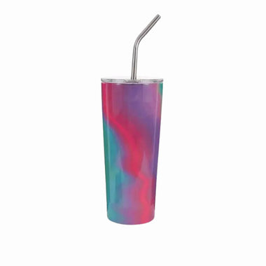 Stainless steel multicolored tumbler with a metal straw on a white background