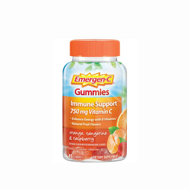 Bottle of Emergen-C Gummies immune support supplement on a white background