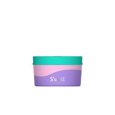 A pastel-colored S'well stainless steel canister with pink and purple shades and a green lid.