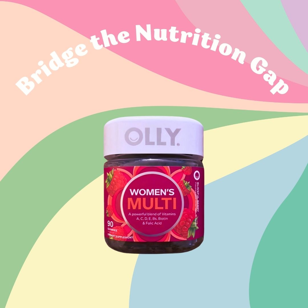 Olly multivitamin supplement set against a colorful psychadelic background