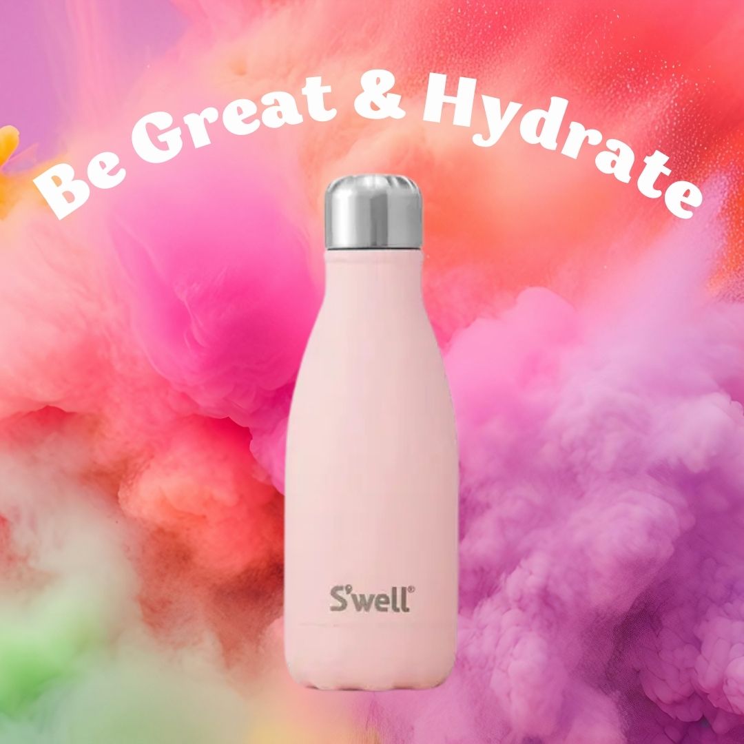 A pink insulated stainless steel bottle with a silver cap set against a colorful background with the words be great and hydrate