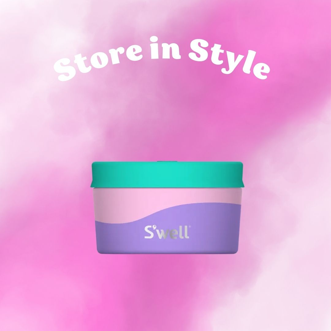 stainless steel multi color food storage container with silicon lid set against colorful dreamy background