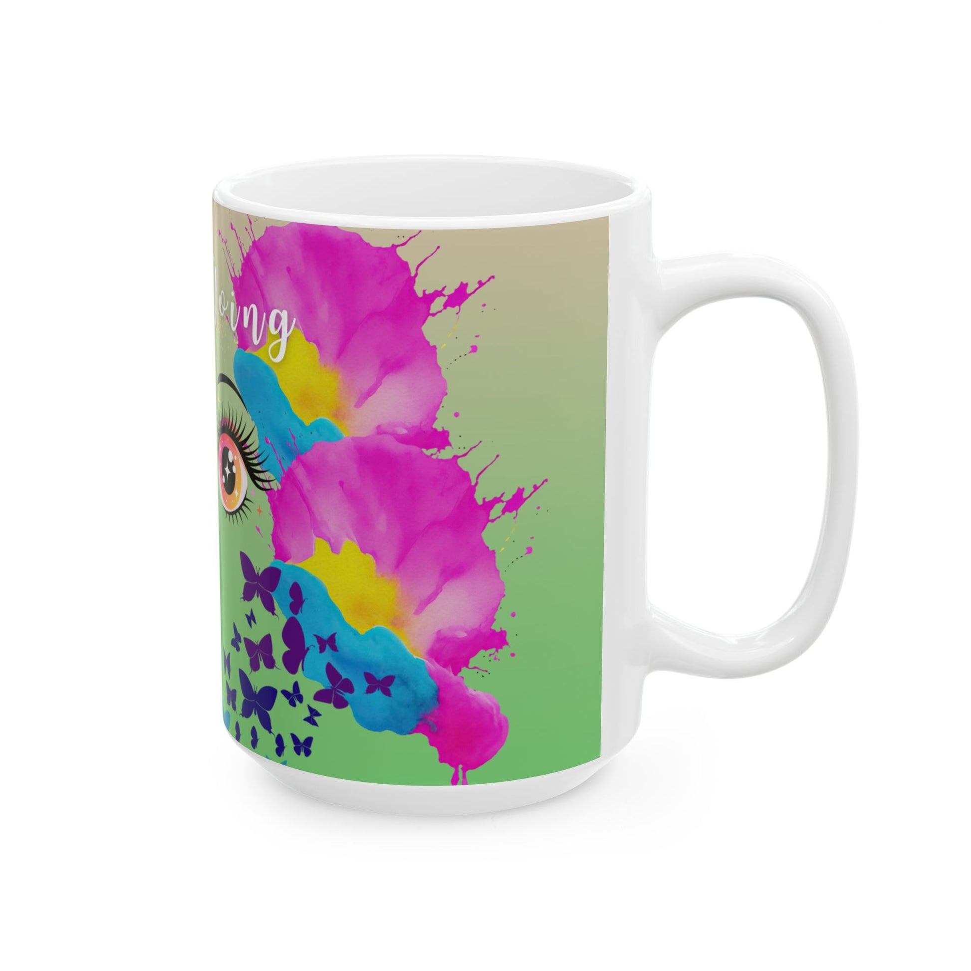 Mug with colorful abstract design and butterfly illustration on a white background