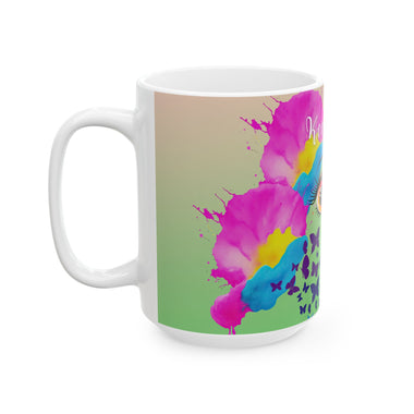 Mug with colorful abstract design on a white background