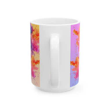 White mug with colorful abstract design on a white background