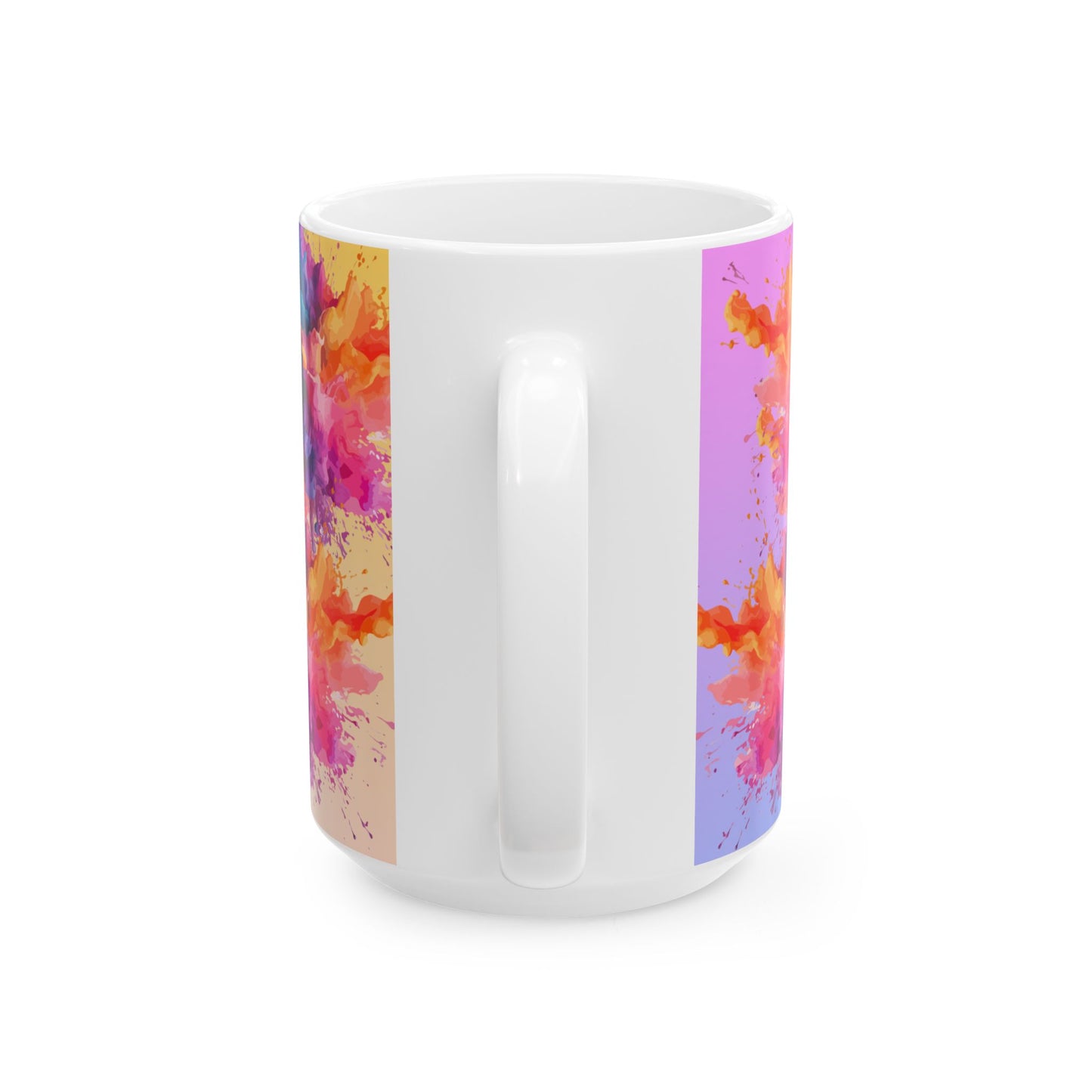 White mug with colorful abstract design on a white background