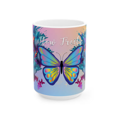 Mug with a colorful butterfly design and 'Flow Freeley' text on a white background