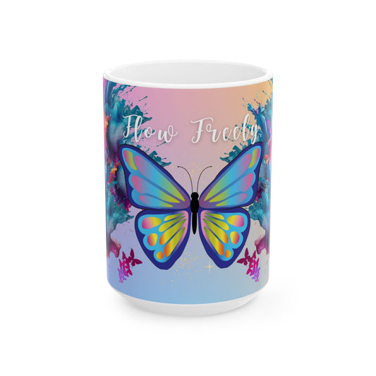 Mug with a colorful butterfly design and 'Flow Freeley' text on a white background
