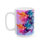 Mug with colorful abstract design and text on a white background