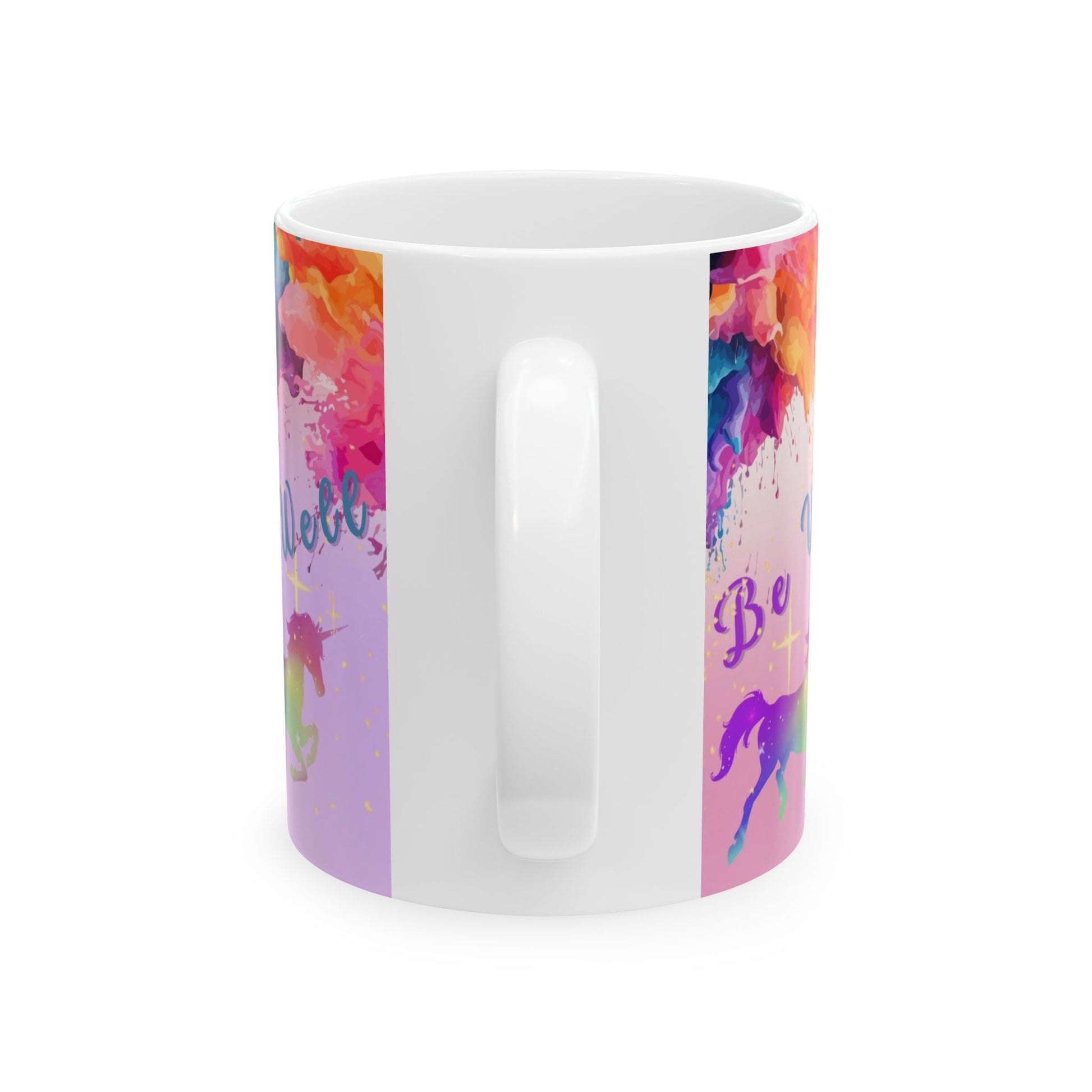A white ceramic coffee mug with a colorful watercolor design featuring pink, purple, orange, and blue splashes, unicorn silhouettes, and decorative text on the sides.