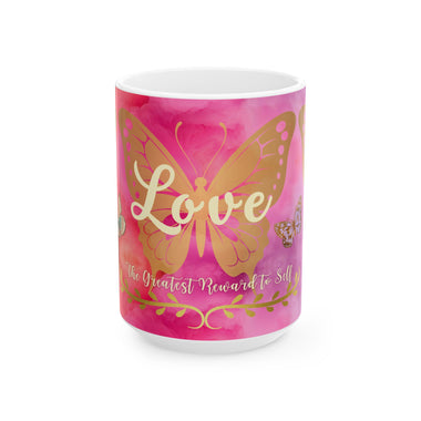 Sip and Embrace | 'Love is the Greatest Reward to Self' Inspirational Ceramic Mug with Colorful Cloud Art (15 oz)