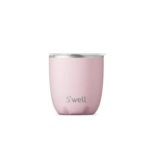 A pink S'well 10 oz stainless steel tumbler with a lid.