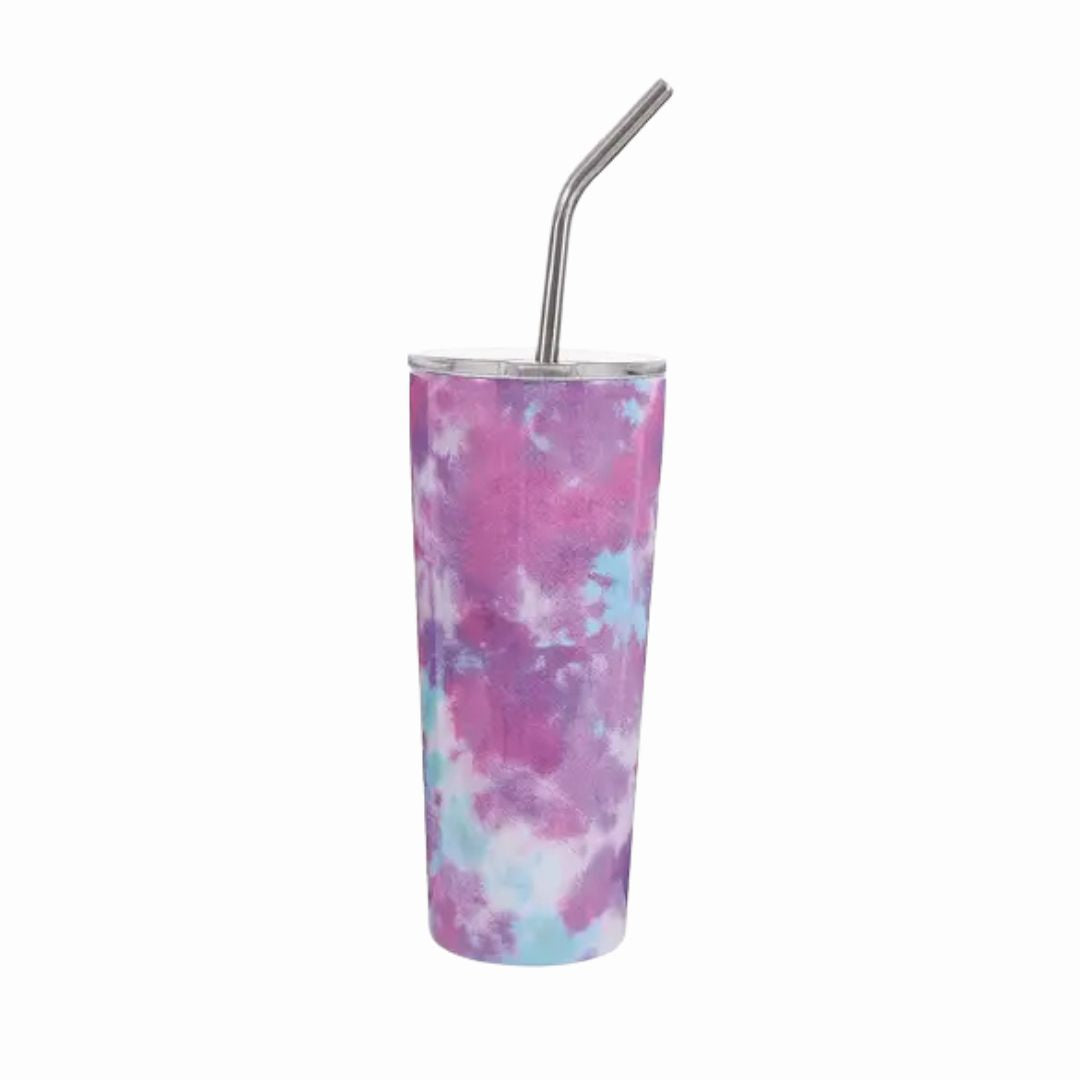 Stainless steel blue and purple marbled tie-dye tumbler with a metal straw on a white background