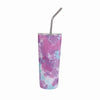 Stainless steel blue and purple marbled tie-dye tumbler with a metal straw on a white background