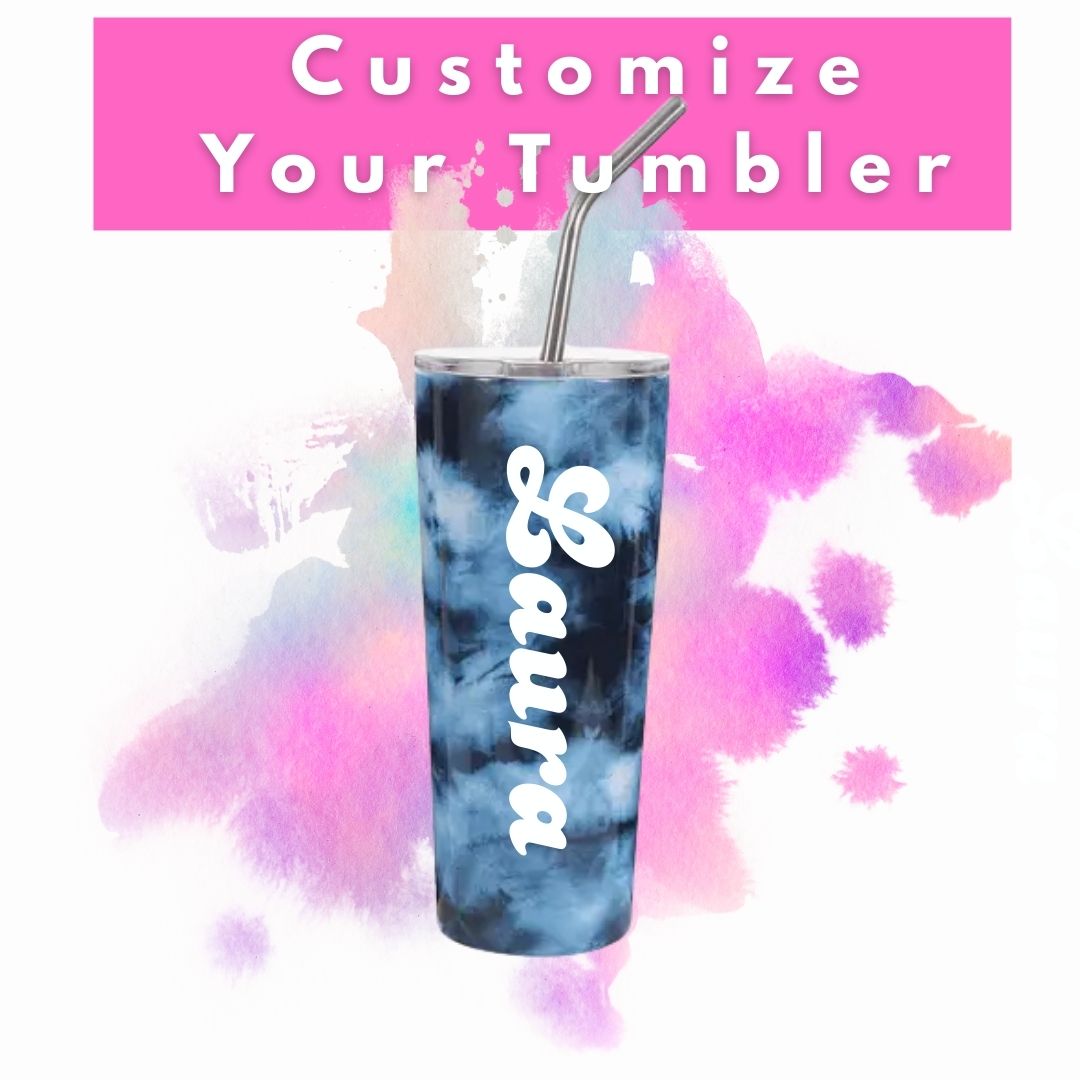 Tie-dye tumbler with personalized name on a colorful abstract background