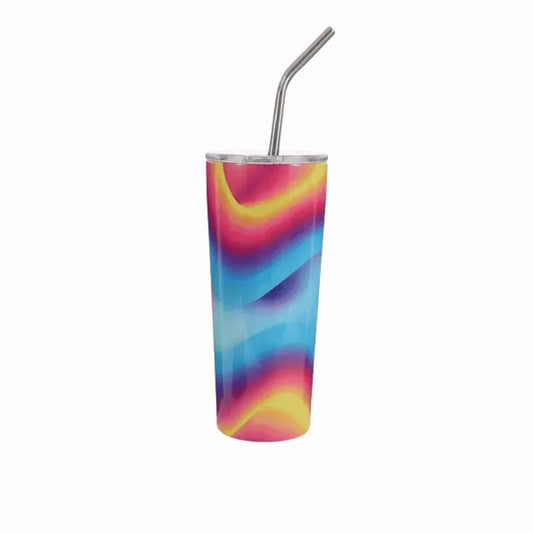 Colorful tumbler with a metallic straw on a white background
