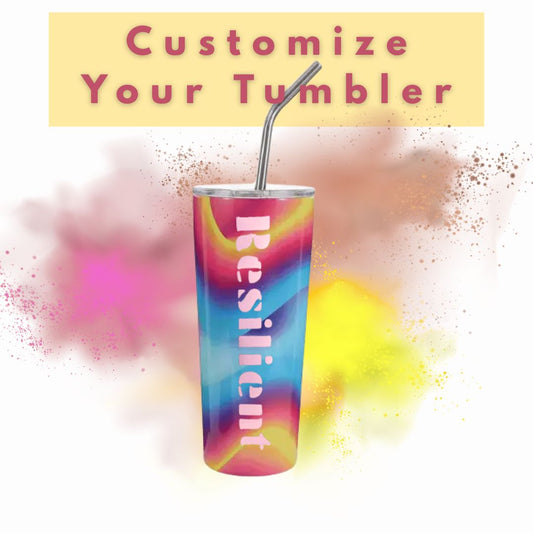 Colorful tumbler with 'Resilient' text and a straw on a multicolored background.