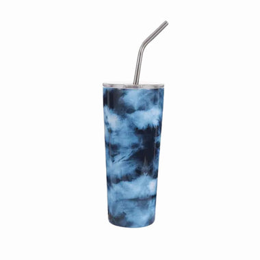 Stainless steel blue and white marbled Tie-dye tumbler with a metal straw on a white background