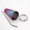 stainless steel Multicolored tumbler with a straw and clear lid on a white background