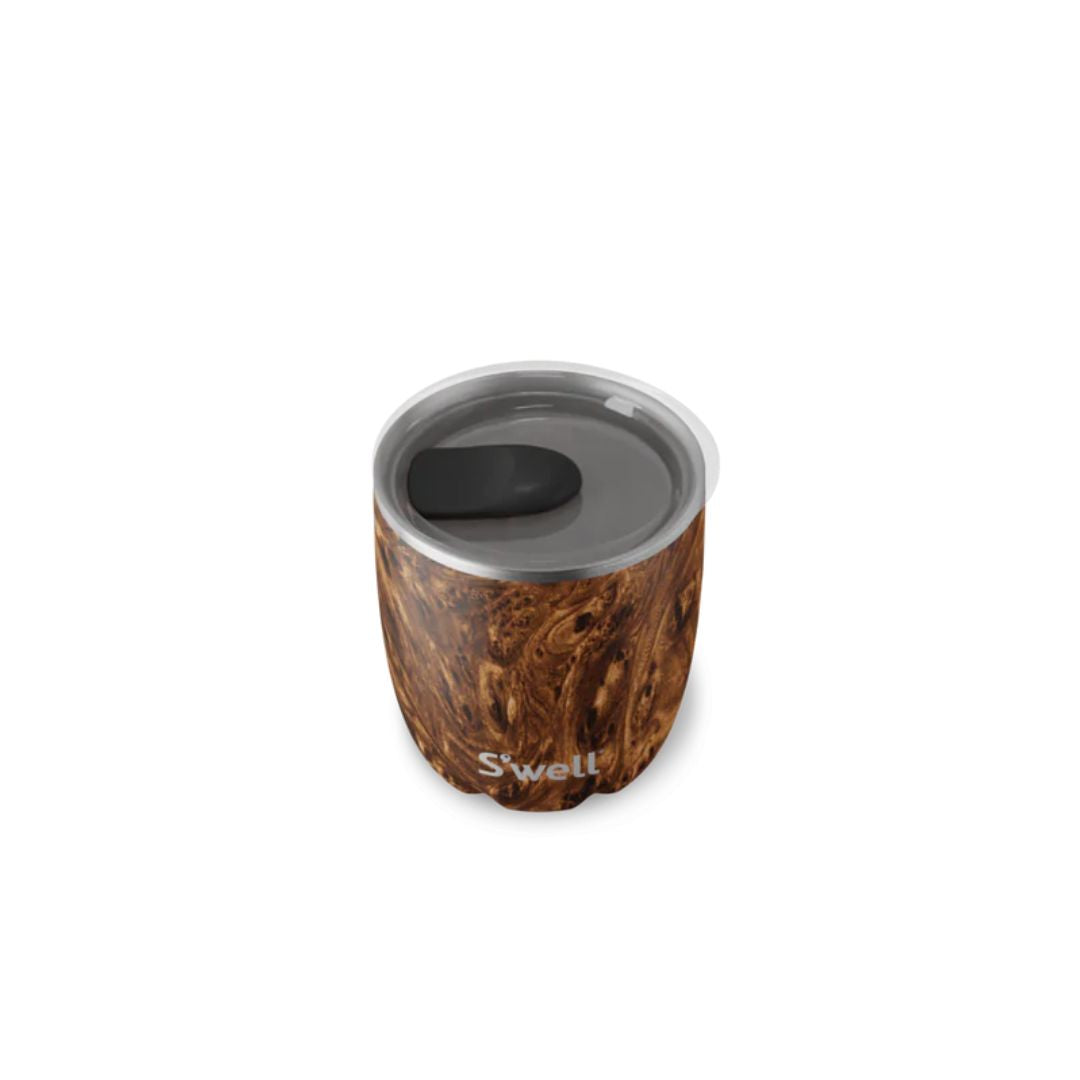A teakwood S'well 10 oz stainless steel tumbler with a lid.