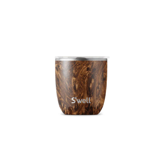 A teakwood S'well 10 oz stainless steel tumbler with a lid.
