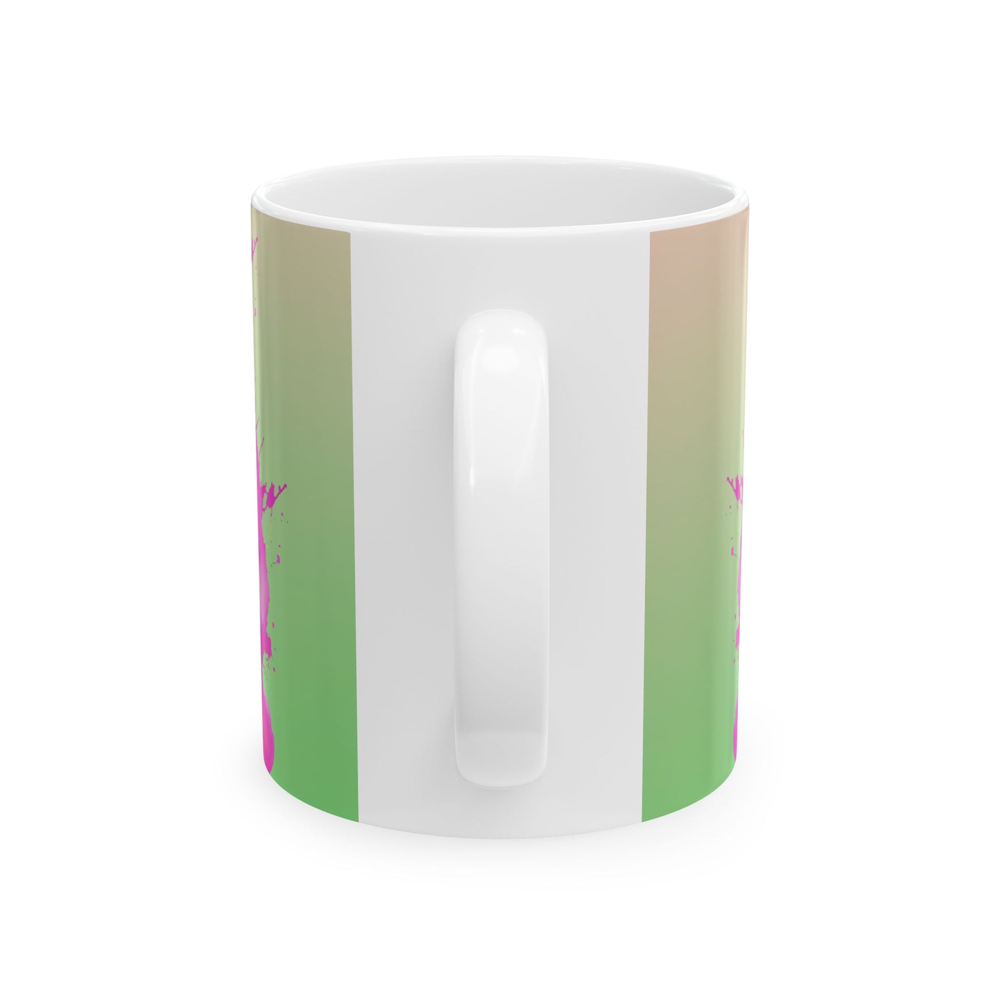 White mug with green and pink striped pattern on a white background