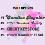 Text displaying different font options with a colorful watercolor background
