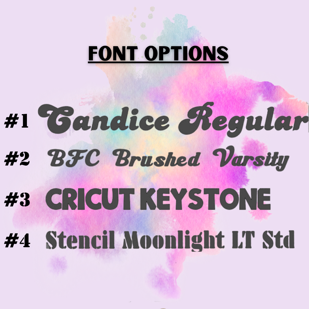 Text displaying different font options with a colorful watercolor background