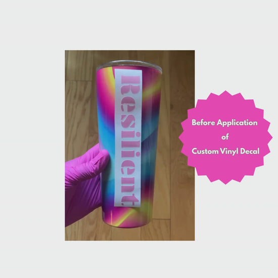 Video of mock up for customizable colorful tumbler with 'Resilient' text 
