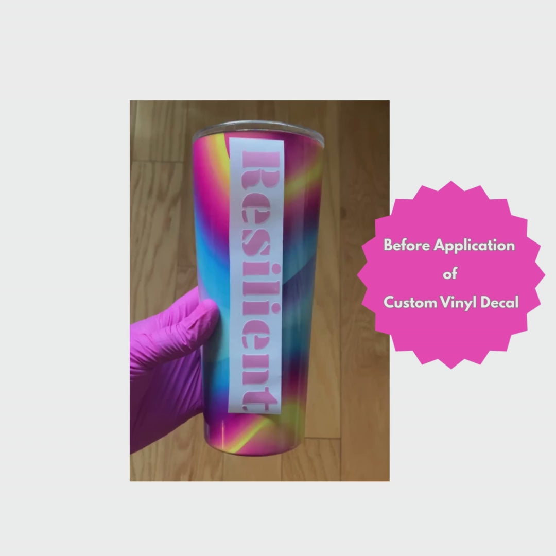 Video of mock up for customizable colorful tumbler with 'Resilient' text 