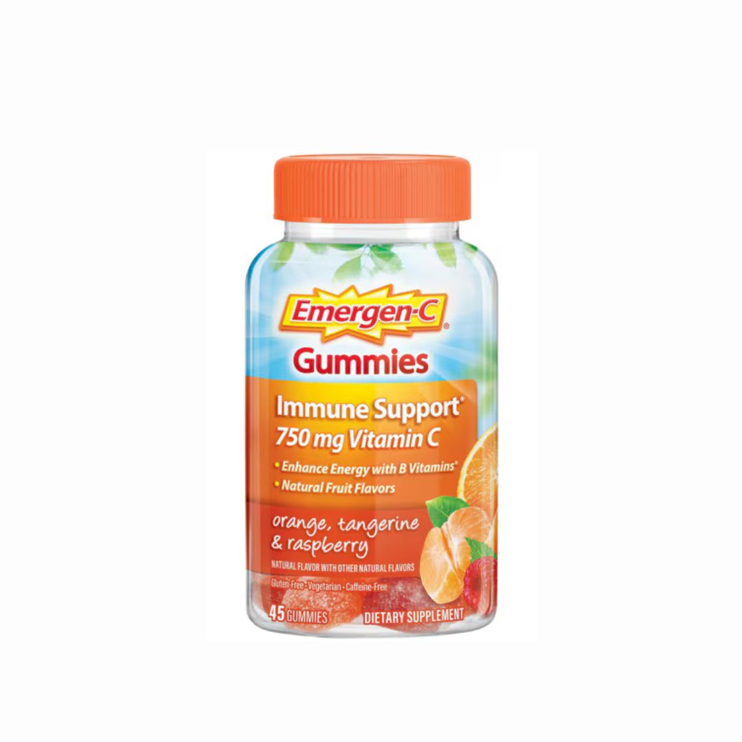 Bottle of Emergen-C Gummies immune support supplement on a white background