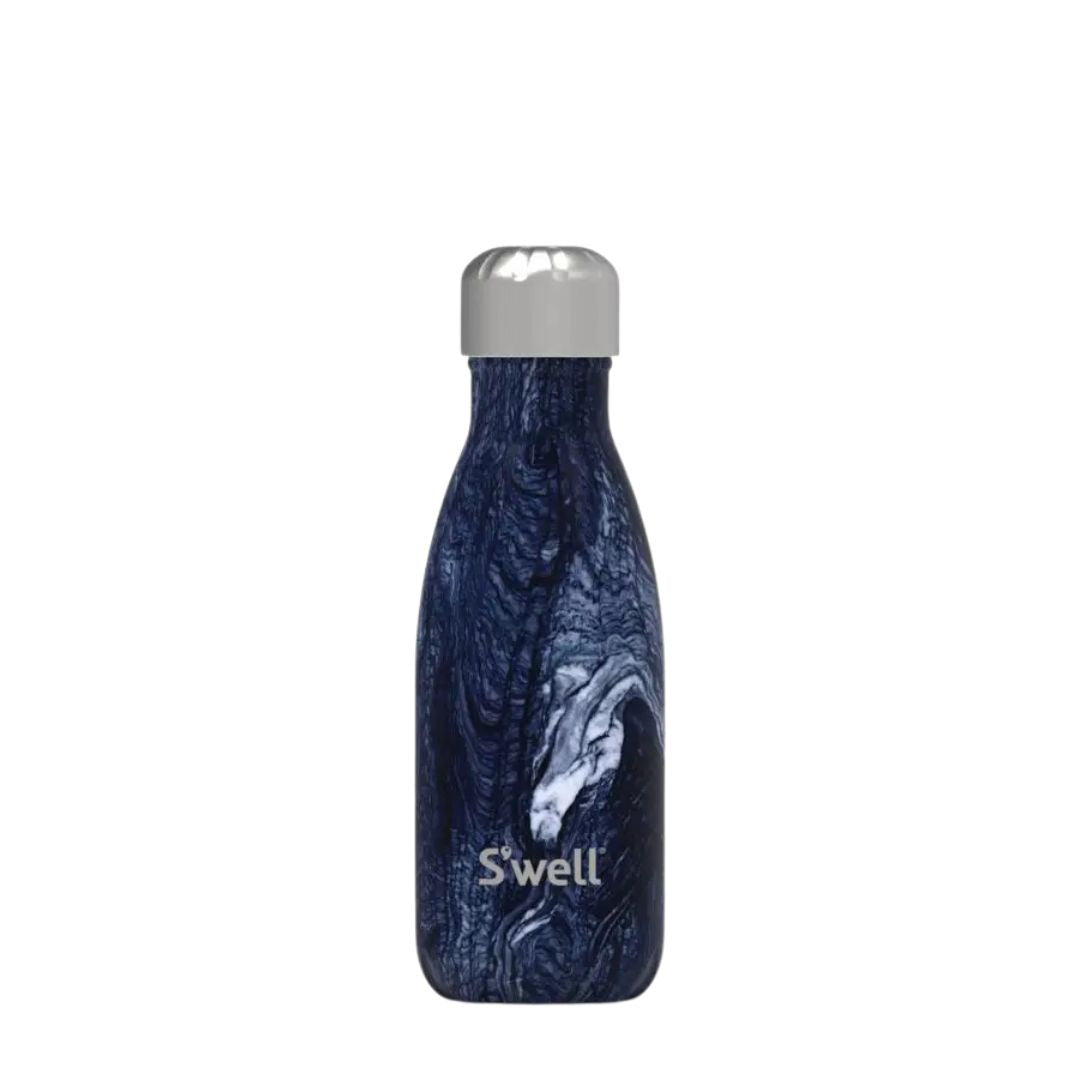 A blue marble patterned S'well 9oz stainless steel water bottle with a silver cap.