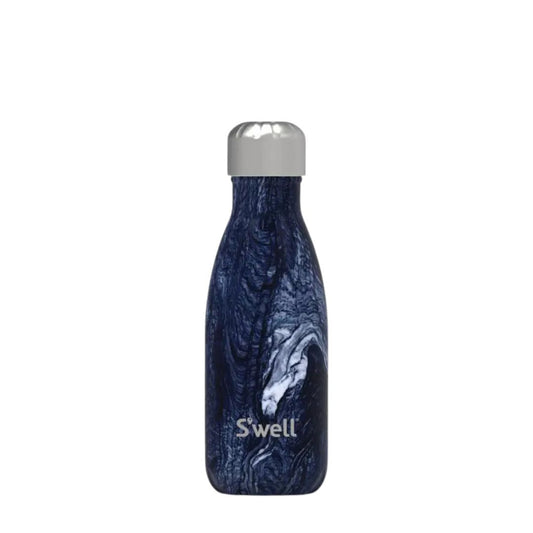 A blue marble patterned S'well 9oz stainless steel water bottle with a silver cap.