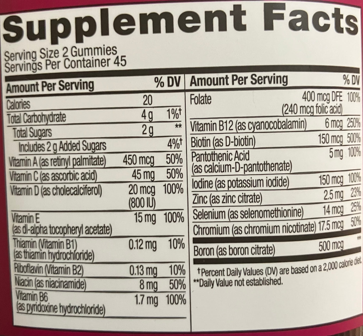 womens multivitamin nutrition facts