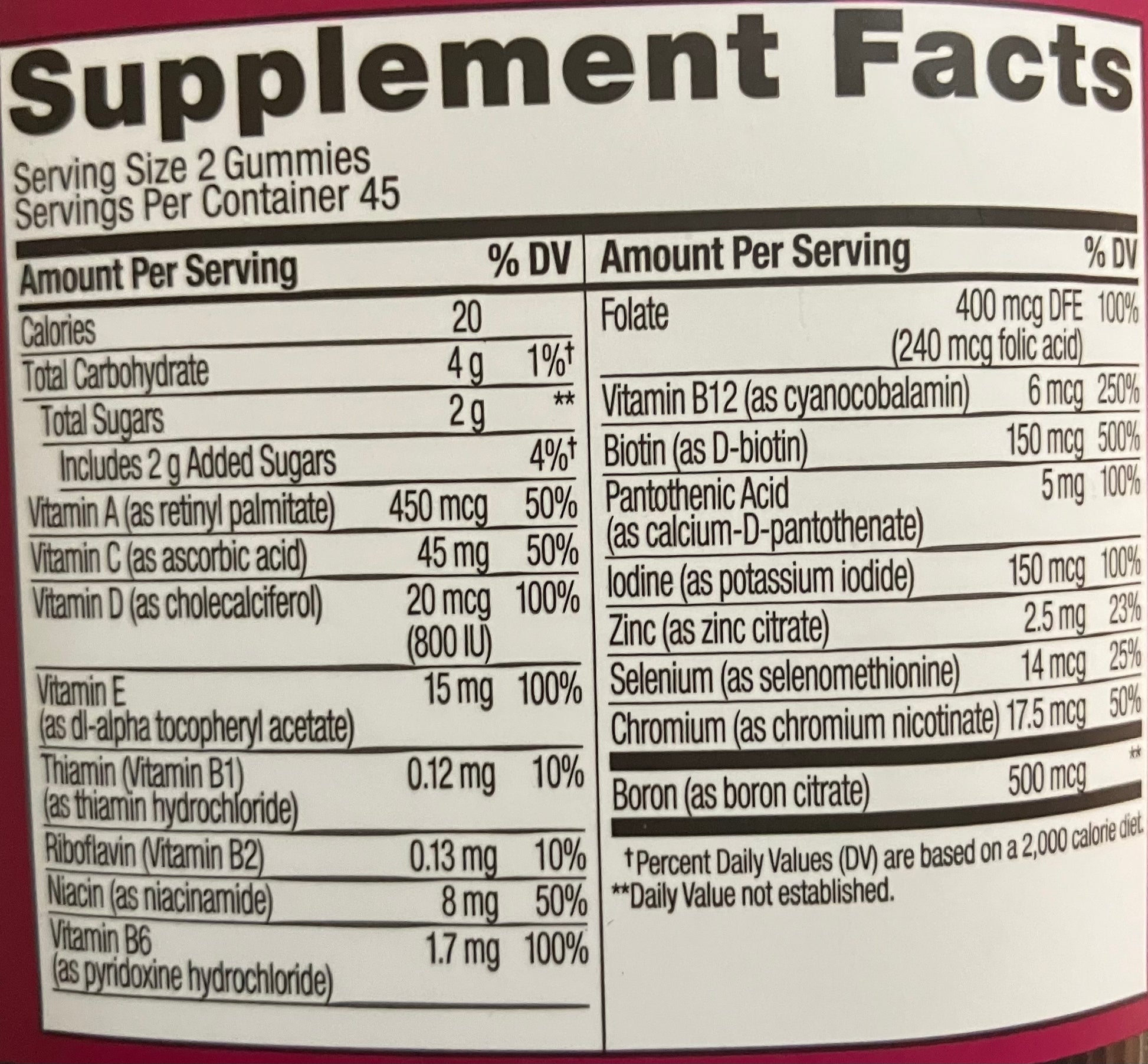 womens multivitamin nutrition facts